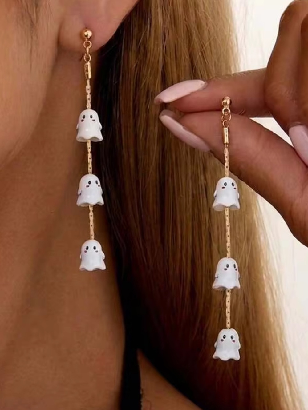 Gold Dangle Earrings with White Ghost Charms